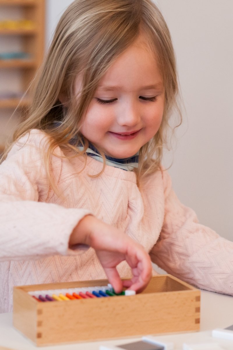 student organizing items by color